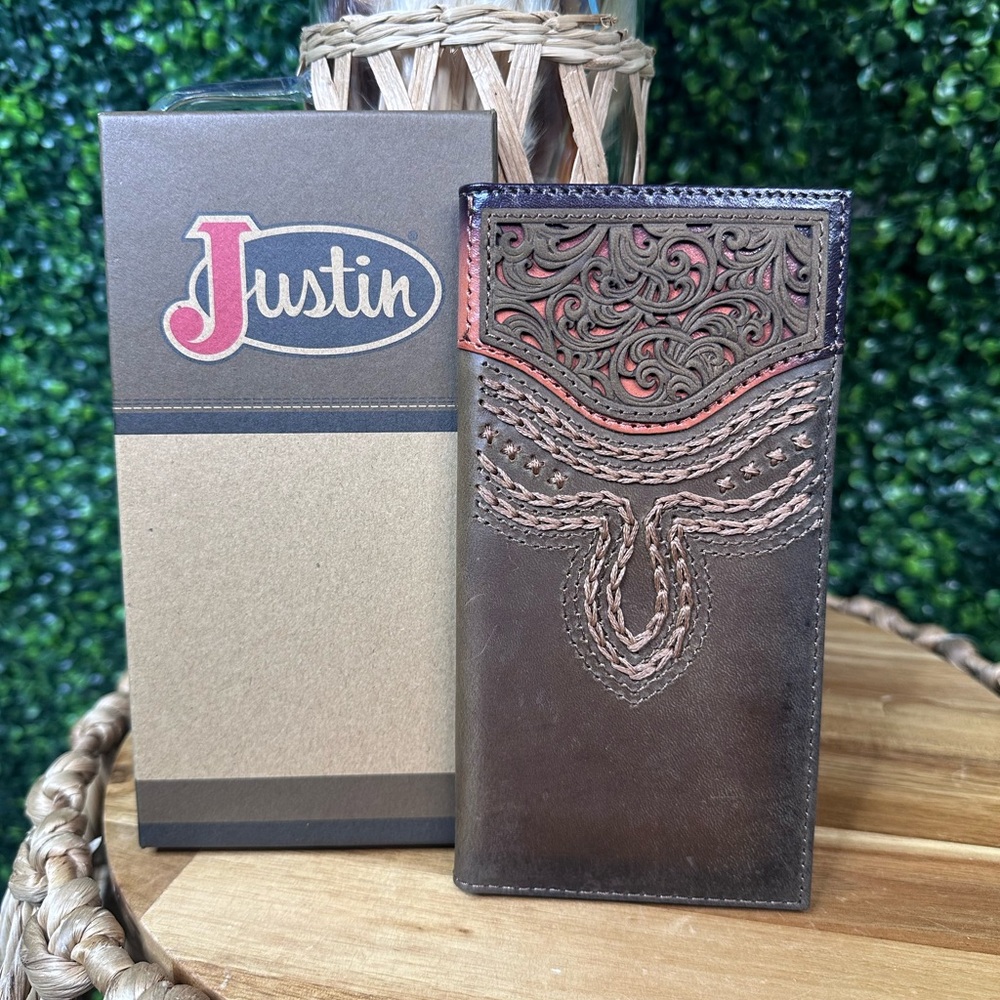Justin‎ Boots Brown Leather tooled  rodeo Wallet nwt
